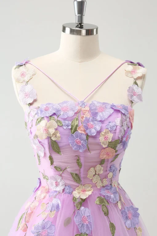 Purple A Line Halter Flowers Tulle Short Homecoming Dress