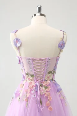 Purple A Line Halter Flowers Tulle Short Homecoming Dress