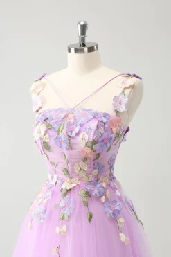 Purple A Line Halter Flowers Tulle Short Homecoming Dress