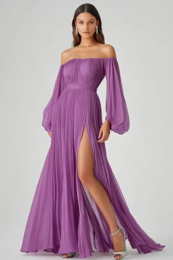 Purple A Line Long Sleeves Long Chiffon Formal Dress with Slit