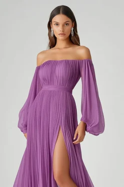 Purple A Line Long Sleeves Long Chiffon Formal Dress with Slit