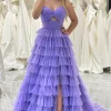 Purple A Line Spaghetti Straps Tulle Long Tiered Prom Dress
