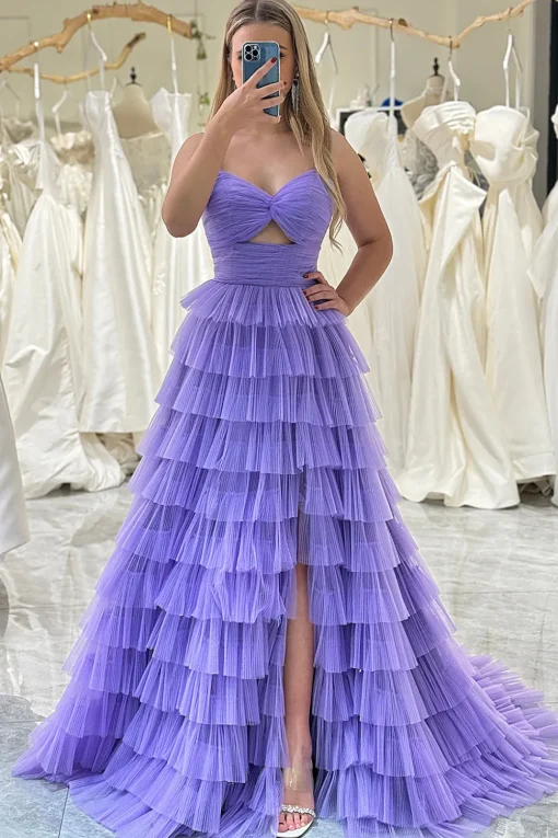 Purple A Line Spaghetti Straps Tulle Long Tiered Prom Dress
