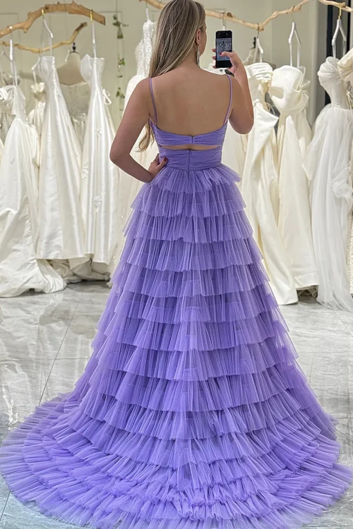 Purple A Line Spaghetti Straps Tulle Long Tiered Prom Dress