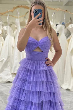 Purple A Line Spaghetti Straps Tulle Long Tiered Prom Dress