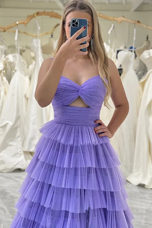 Purple A Line Spaghetti Straps Tulle Long Tiered Prom Dress