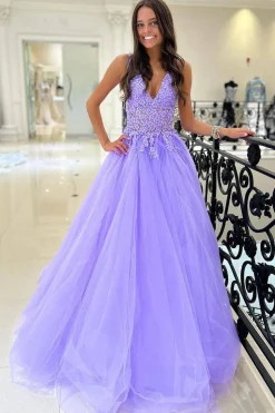 Purple A Line Tulle Long Prom Dress with Appliques