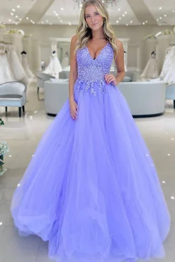 Purple A Line Tulle Long Prom Dress with Appliques