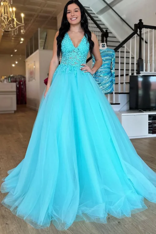Purple A Line Tulle Long Prom Dress with Appliques
