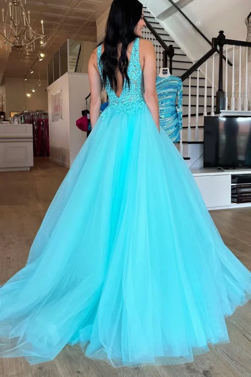 Purple A Line Tulle Long Prom Dress with Appliques
