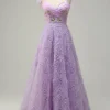Purple A Line Tulle Princess Prom Dress With Embroidery