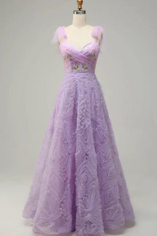 Purple A Line Tulle Princess Prom Dress With Embroidery