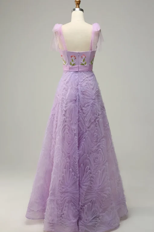 Purple A Line Tulle Princess Prom Dress With Embroidery