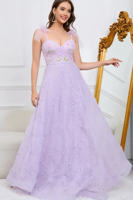 Purple A Line Tulle Princess Prom Dress With Embroidery