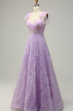 Purple A Line Tulle Princess Prom Dress With Embroidery