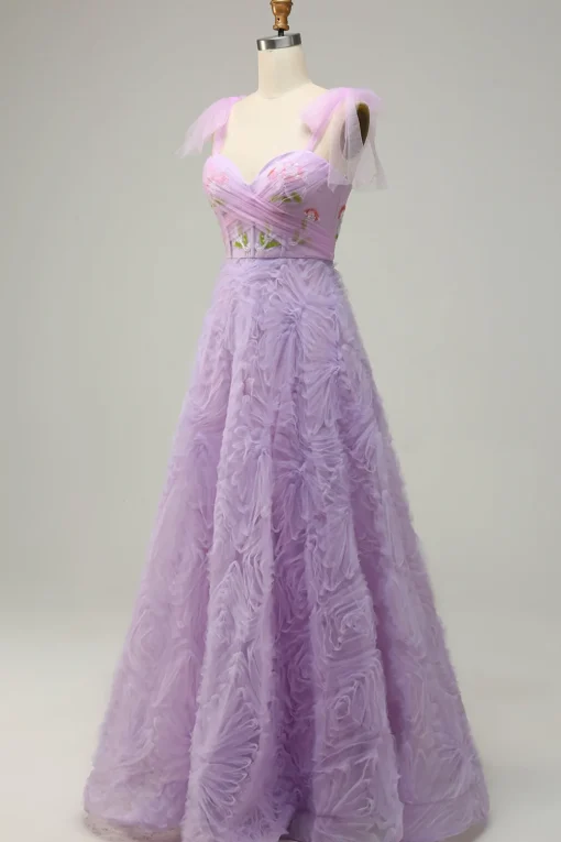 Purple A Line Tulle Princess Prom Dress With Embroidery