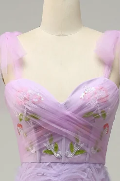 Purple A Line Tulle Princess Prom Dress With Embroidery