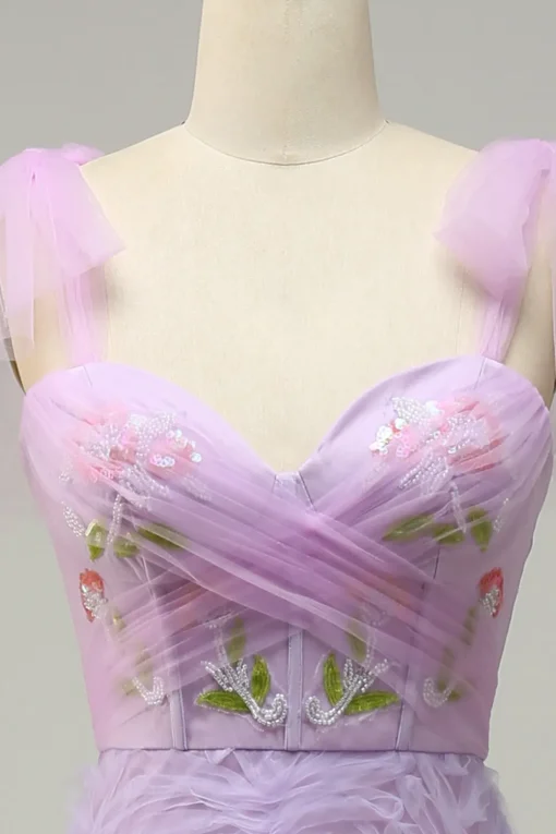 Purple A Line Tulle Princess Prom Dress With Embroidery