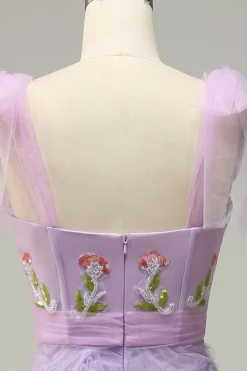 Purple A Line Tulle Princess Prom Dress With Embroidery