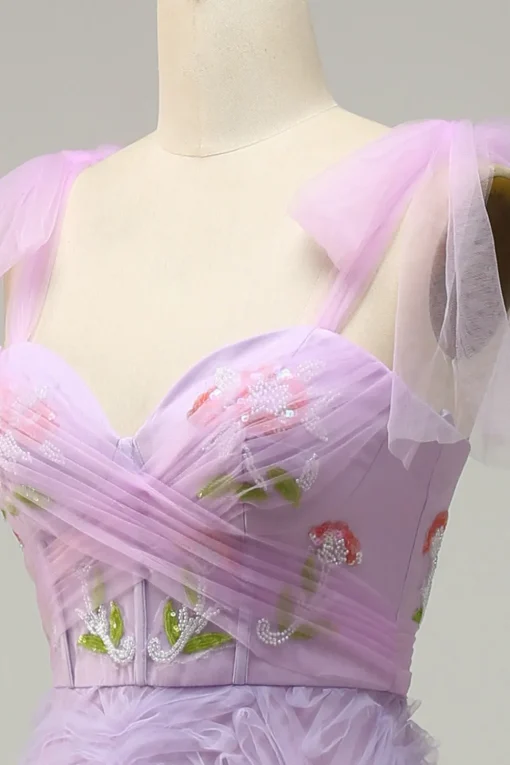Purple A Line Tulle Princess Prom Dress With Embroidery