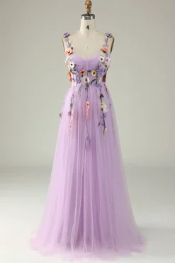 Purple A Line Tulle Prom Dress with Appliques