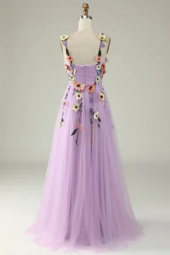 Purple A Line Tulle Prom Dress with Appliques