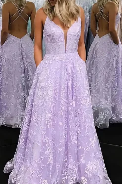 Purple A-line Prom Dress with Embroidered