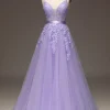 Purple A-Line Spaghetti Straps Long Beaded and Tulle Prom Dress with Appliques