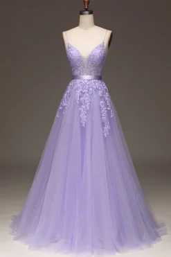 Purple A-Line Spaghetti Straps Long Beaded and Tulle Prom Dress with Appliques