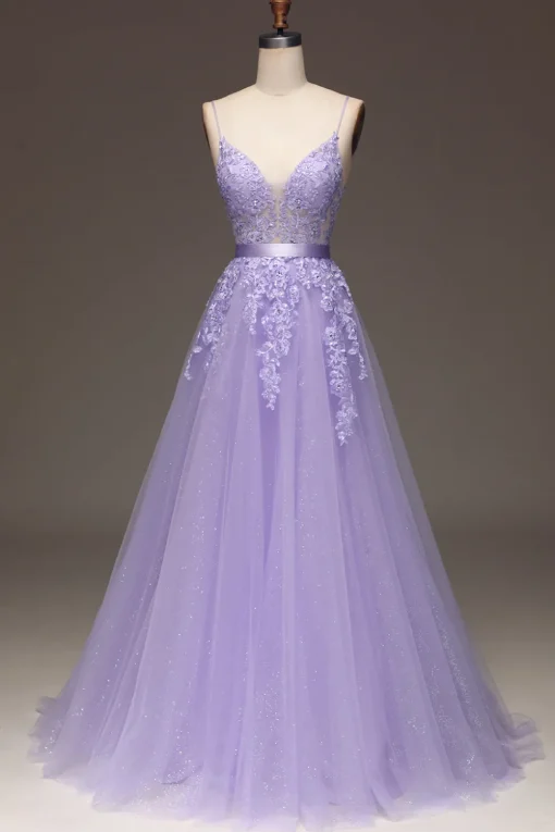 Purple A-Line Spaghetti Straps Long Beaded and Tulle Prom Dress with Appliques