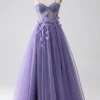Purple A-Line Spaghetti Straps Corset Prom Dress with 3D Flowers