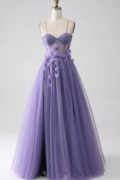 Purple A-Line Spaghetti Straps Corset Prom Dress with 3D Flowers