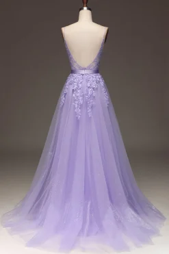Purple A-Line Spaghetti Straps Long Beaded and Tulle Prom Dress with Appliques