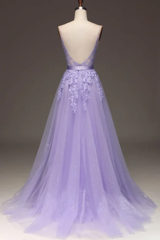 Purple A-Line Spaghetti Straps Long Beaded and Tulle Prom Dress with Appliques
