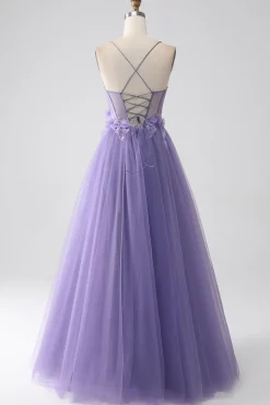 Purple A-Line Spaghetti Straps Corset Prom Dress with 3D Flowers