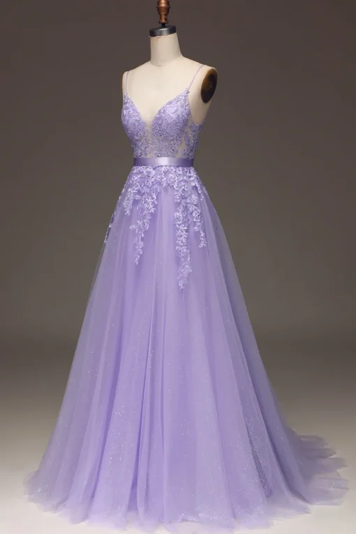 Purple A-Line Spaghetti Straps Long Beaded and Tulle Prom Dress with Appliques