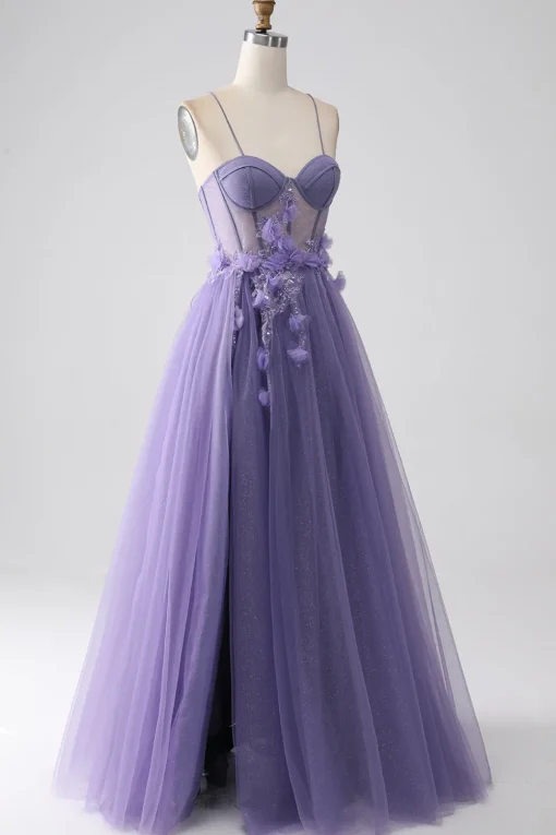 Purple A-Line Spaghetti Straps Corset Prom Dress with 3D Flowers