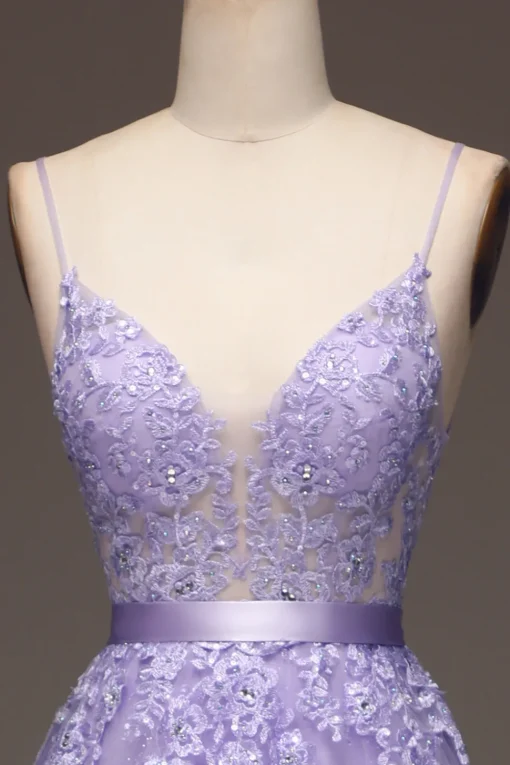Purple A-Line Spaghetti Straps Long Beaded and Tulle Prom Dress with Appliques