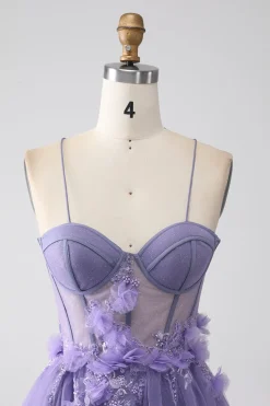 Purple A-Line Spaghetti Straps Corset Prom Dress with 3D Flowers