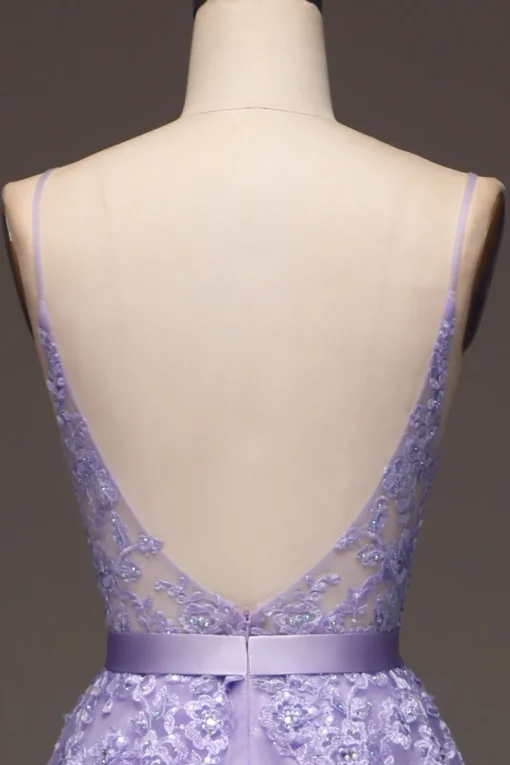 Purple A-Line Spaghetti Straps Long Beaded and Tulle Prom Dress with Appliques