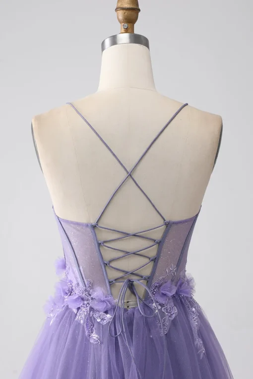 Purple A-Line Spaghetti Straps Corset Prom Dress with 3D Flowers