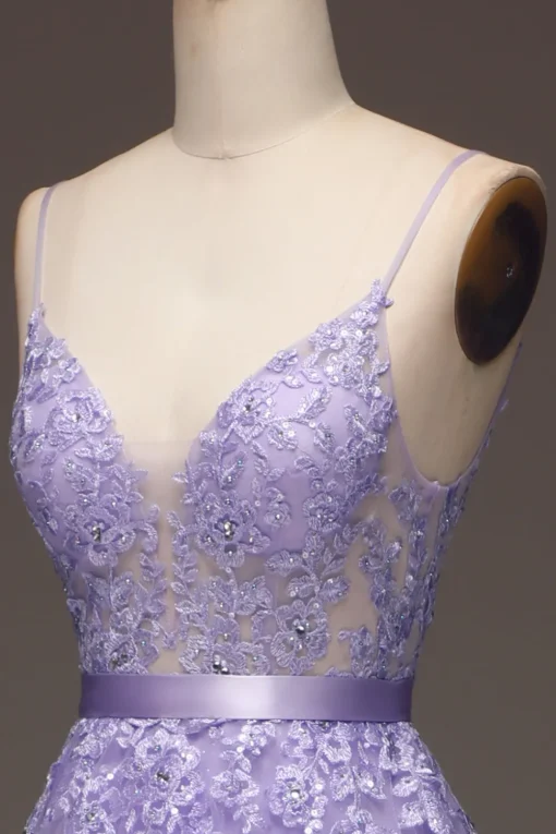 Purple A-Line Spaghetti Straps Long Beaded and Tulle Prom Dress with Appliques