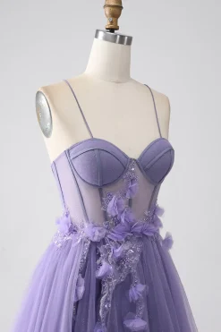 Purple A-Line Spaghetti Straps Corset Prom Dress with 3D Flowers