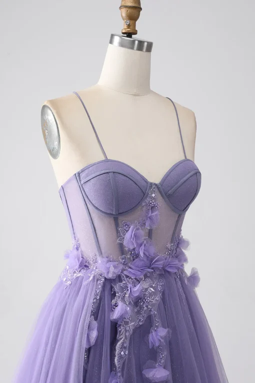 Purple A-Line Spaghetti Straps Corset Prom Dress with 3D Flowers