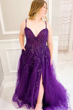 Purple Beading Tulle Plus Size Prom Dress with Slit