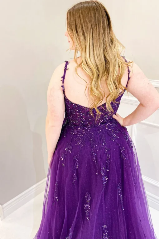 Purple Beading Tulle Plus Size Prom Dress with Slit