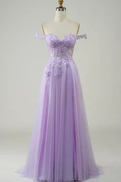 Purple Corset A-Line Long Tulle Prom Dress with Lace