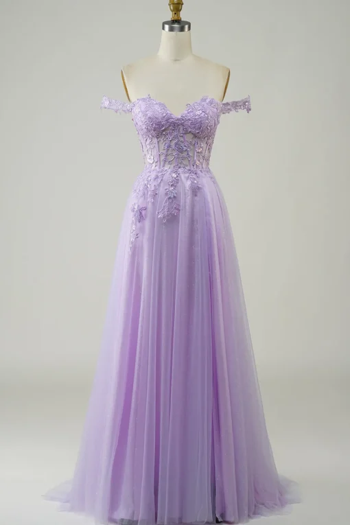 Purple Corset A-Line Long Tulle Prom Dress with Lace