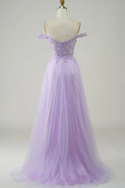Purple Corset A-Line Long Tulle Prom Dress with Lace