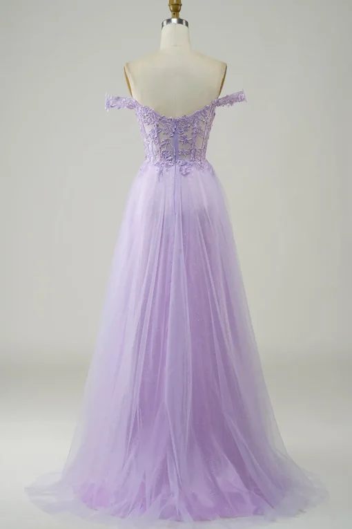 Purple Corset A-Line Long Tulle Prom Dress with Lace